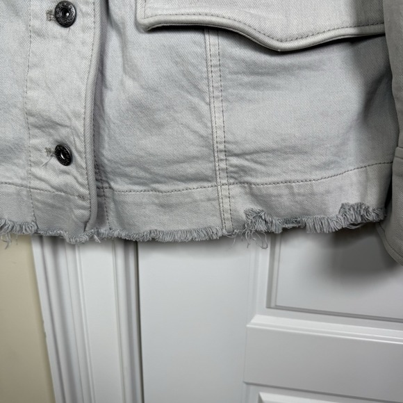 Free People Denim Field Jacket Women's Small Large Ecru Grey Raw Hem Boho Safari - Picture 4 of 13
